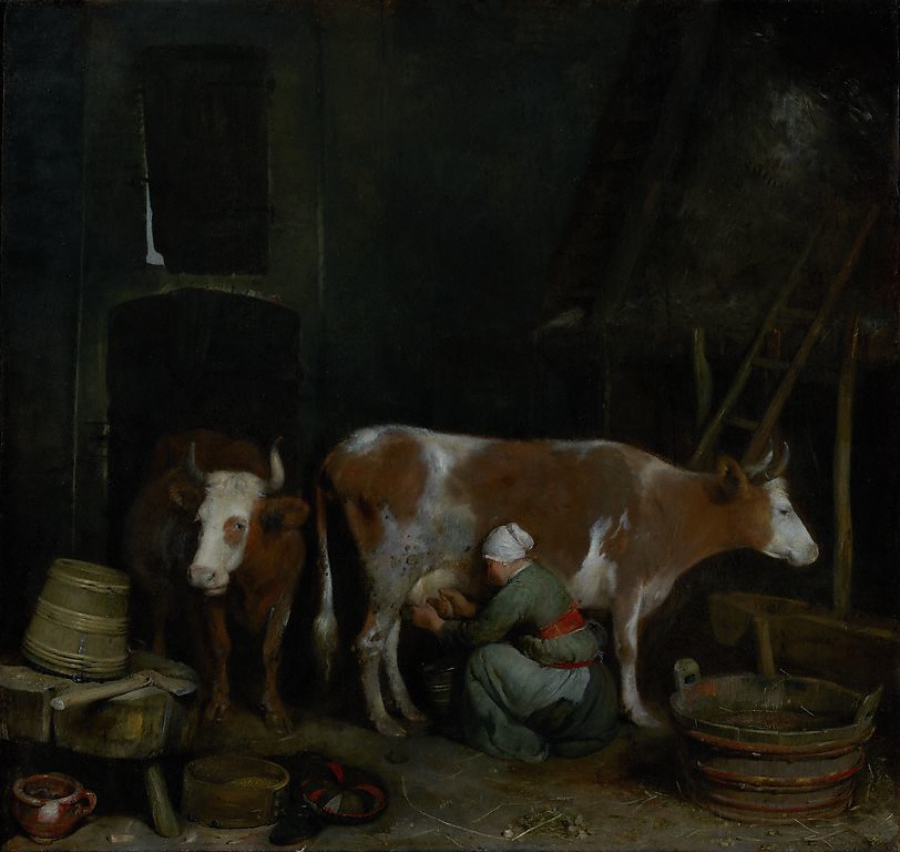 A Maid Milking a Cow in a Barn, Gerard ter Borch